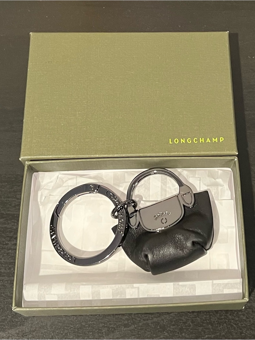 Longchamp Black Mini Purse Keyring with Silver Hardware